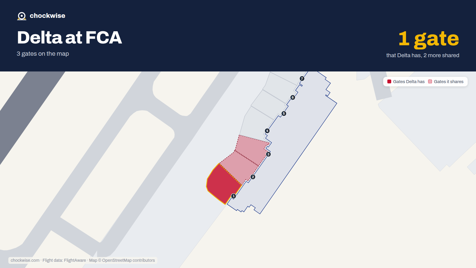 Map of FCA with the gates Delta Air Lines uses highlighted: 1.