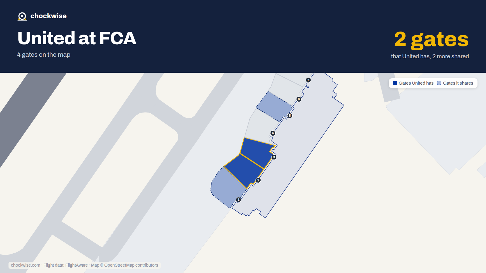 Map of FCA with the gates United Airlines uses highlighted: 2 and 3.