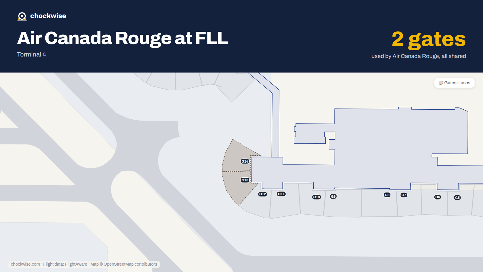 Map of FLL with the gates Air Canada Rouge uses highlighted: G13 and G14.