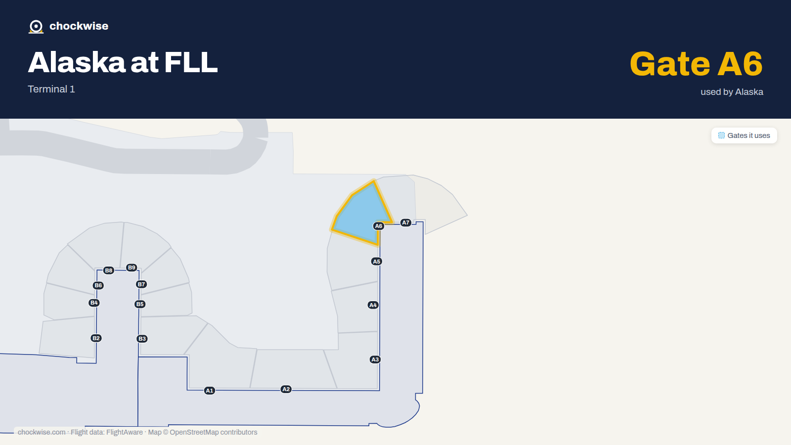 Map of FLL with the gates Alaska Airlines uses highlighted: A6.