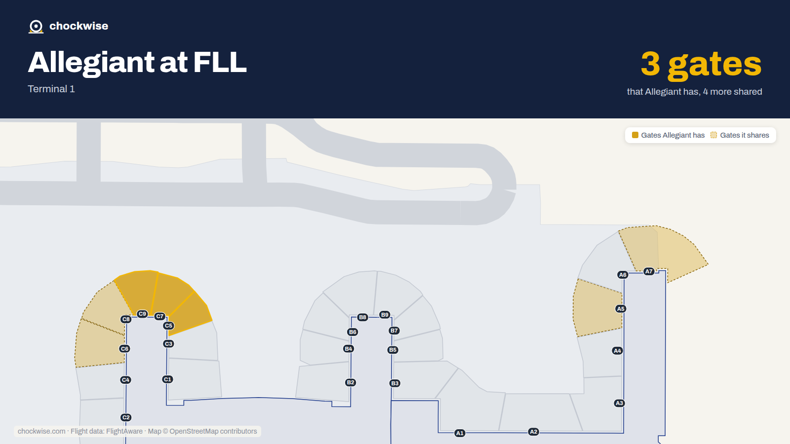 Map of FLL with the gates Allegiant Air uses highlighted: C5, C7 and C9.
