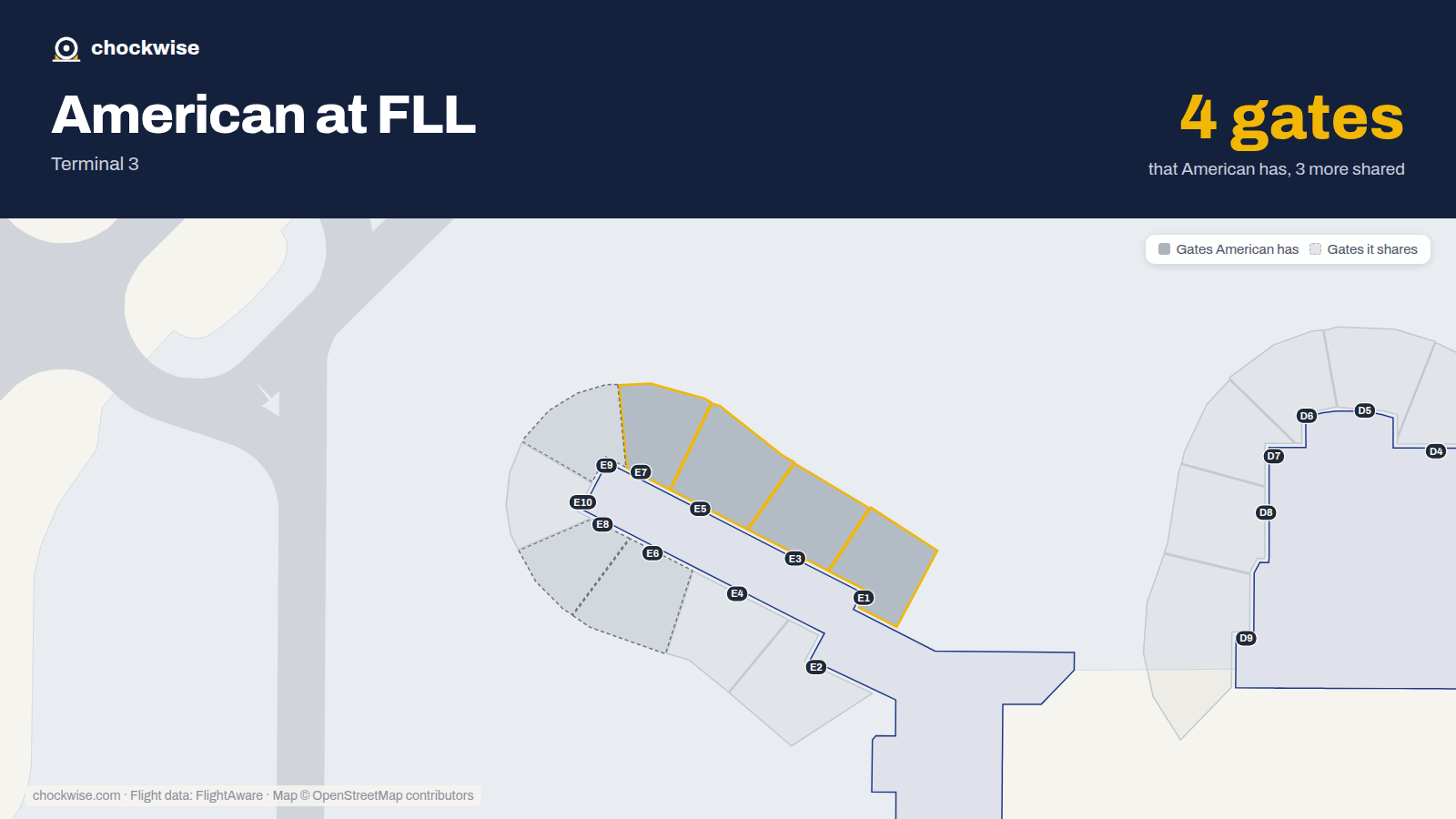 Map of FLL with the gates American Airlines uses highlighted: E1, E3, E5 and E7.