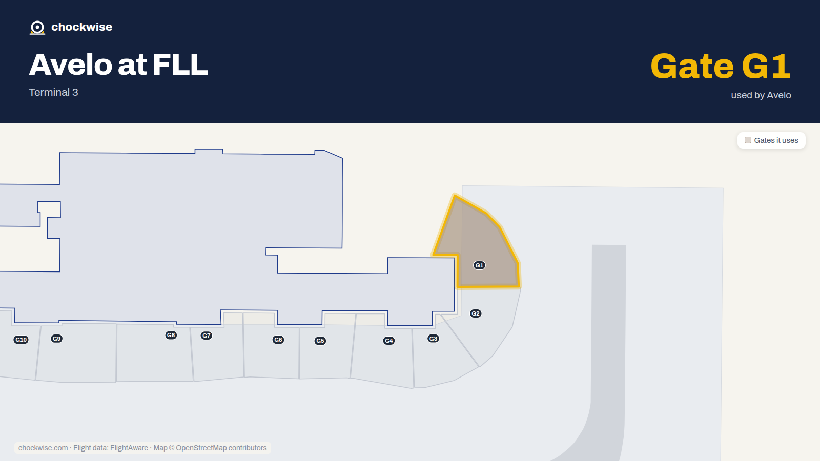 Map of FLL with the gates Avelo Airlines uses highlighted: G1.
