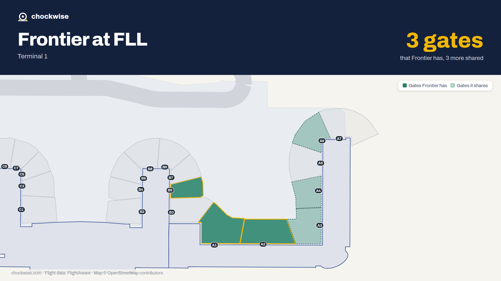 Map of FLL with the gates Frontier Airlines uses highlighted: A1, A2 and B5.