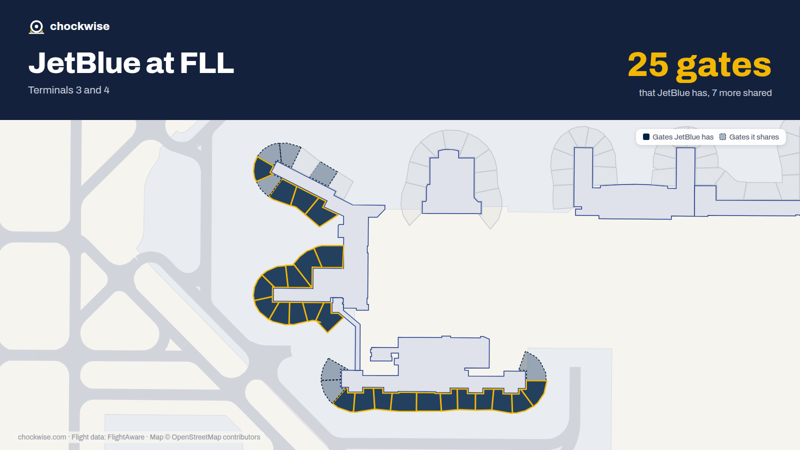 Map of FLL with the gates JetBlue uses highlighted: F1, E2, F2, G2, F3, G3, E4, F4 and 17 more.