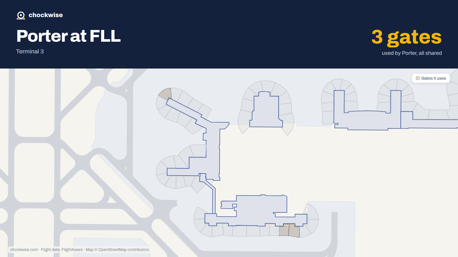 Map of FLL with the gates Porter Airlines uses highlighted: G4, G5 and E9.