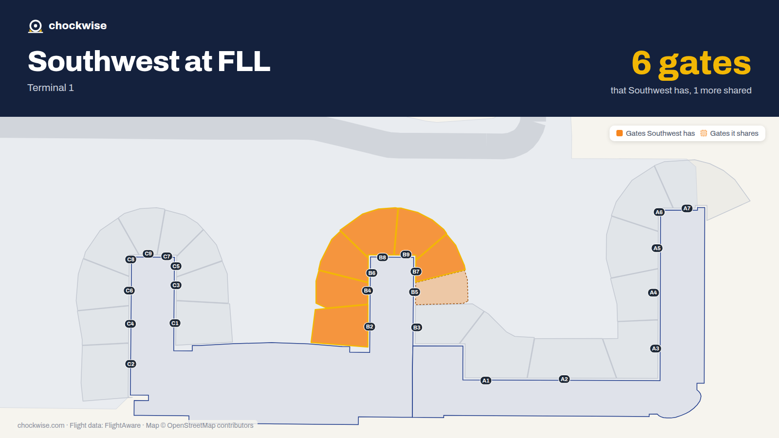 Map of FLL with the gates Southwest Airlines uses highlighted: B2, B4, B6, B7, B8 and B9.