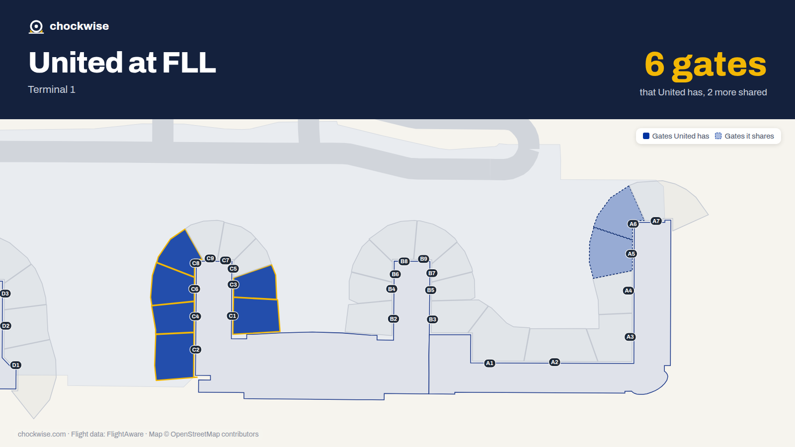Map of FLL with the gates United Airlines uses highlighted: C1, C2, C3, C4, C6 and C8.