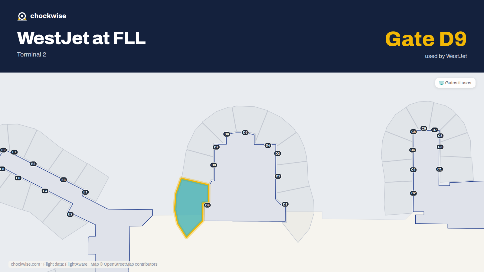 Map of FLL with the gates WestJet uses highlighted: D9.