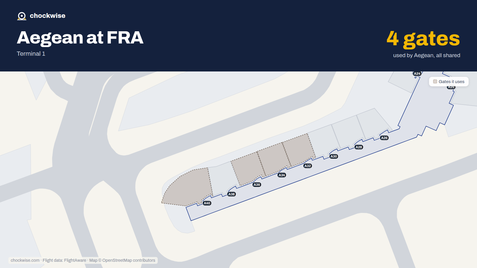 Map of FRA with the gates Aegean Airlines uses highlighted: A32, A34, A36 and A40.
