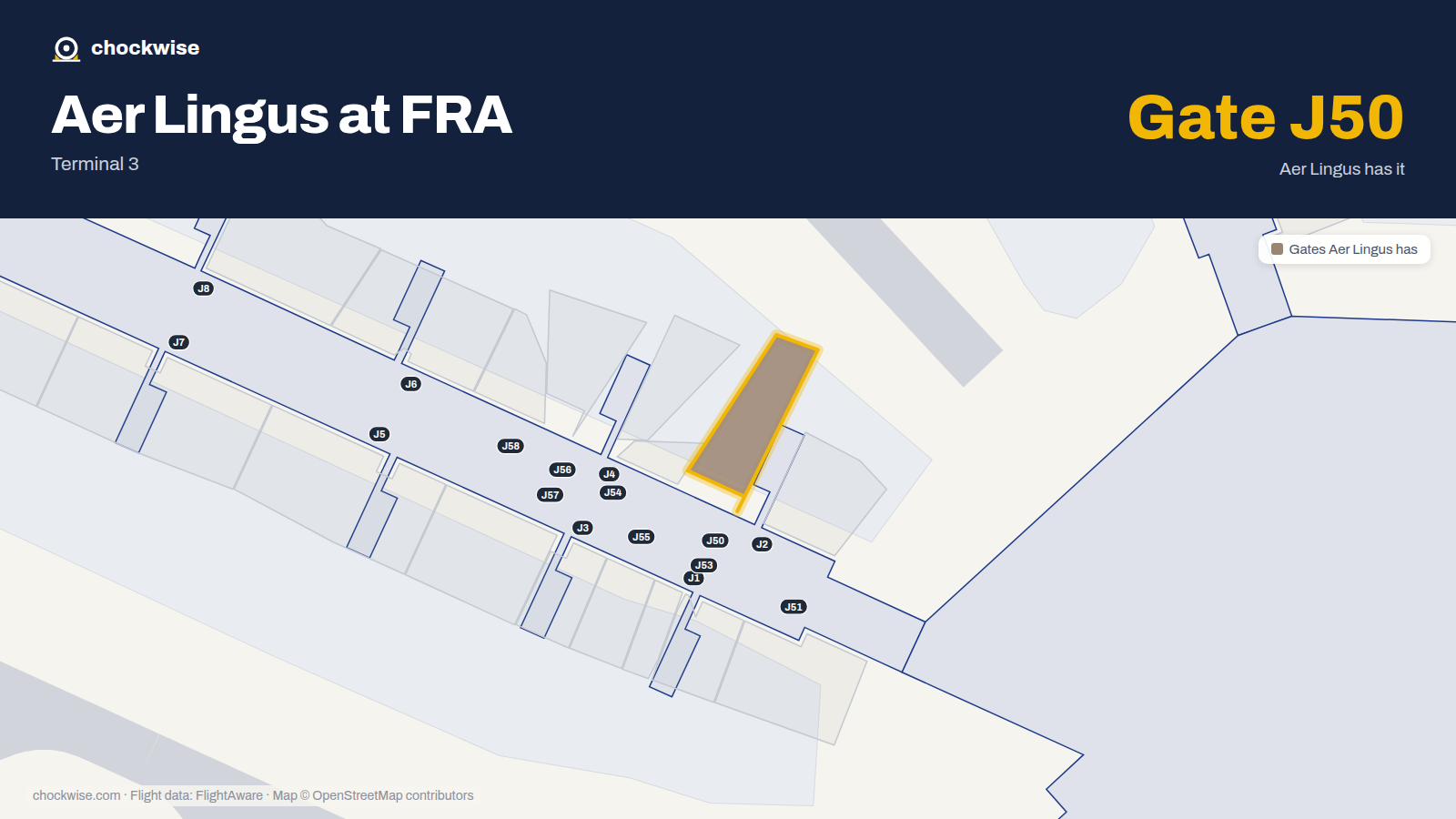 Map of FRA with the gates Aer Lingus uses highlighted: J50.