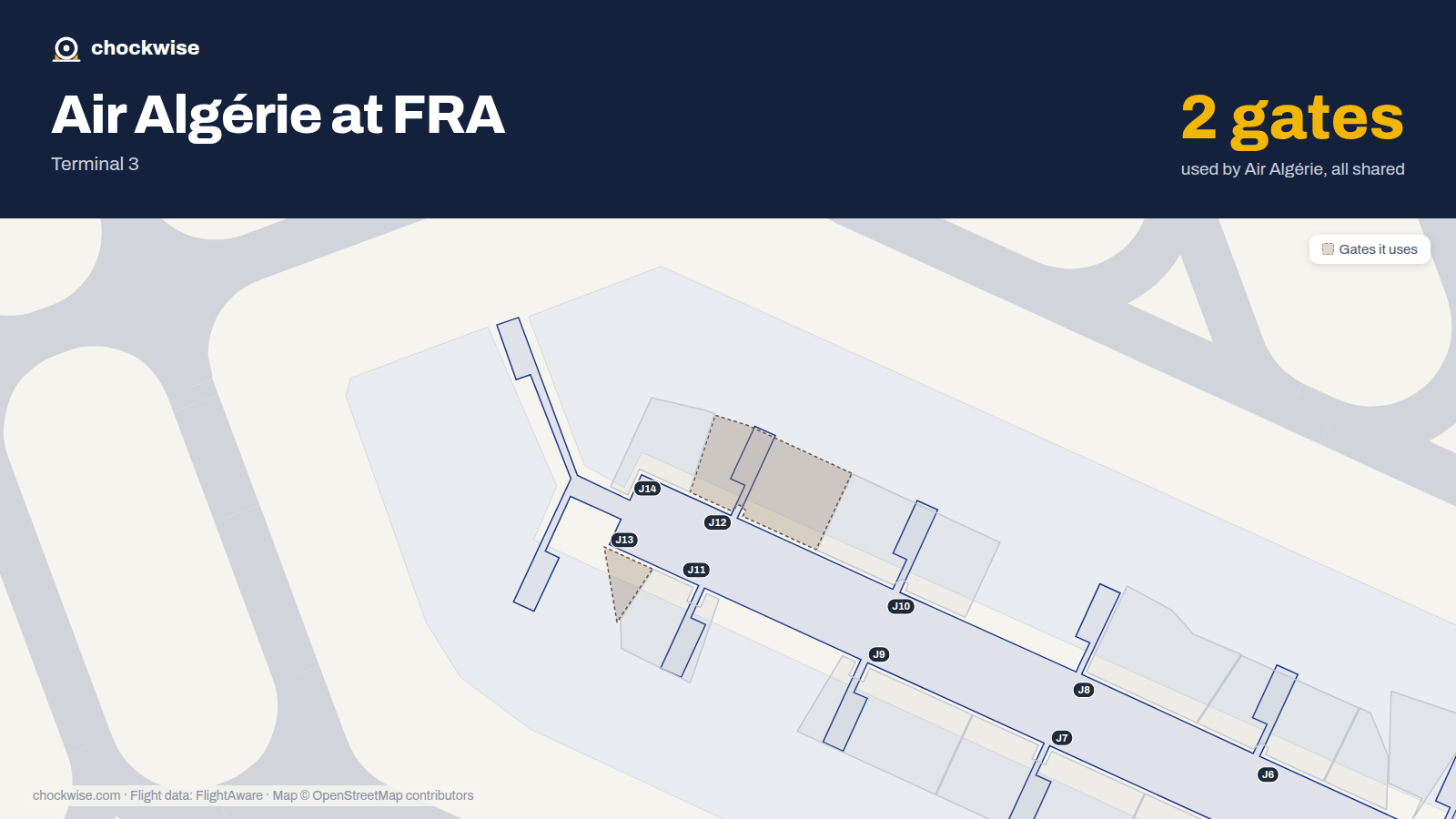 Map of FRA with the gates Air Algérie uses highlighted: J12 and J13.