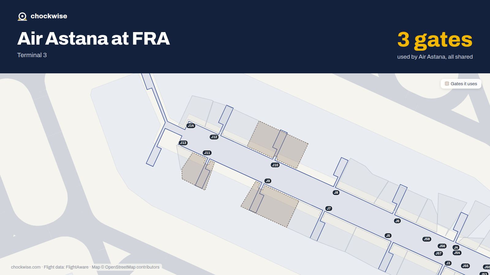 Map of FRA with the gates Air Astana uses highlighted: J9, J10 and J11.