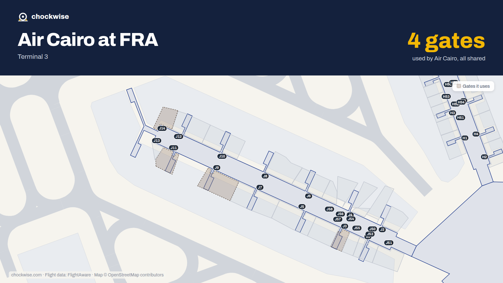 Map of FRA with the gates Air Cairo uses highlighted: J3, J9, J11 and J14.