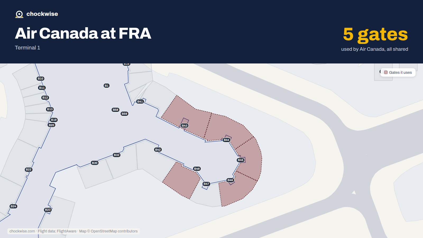 Map of FRA with the gates Air Canada uses highlighted: B43, B44, B45, B46 and B48.
