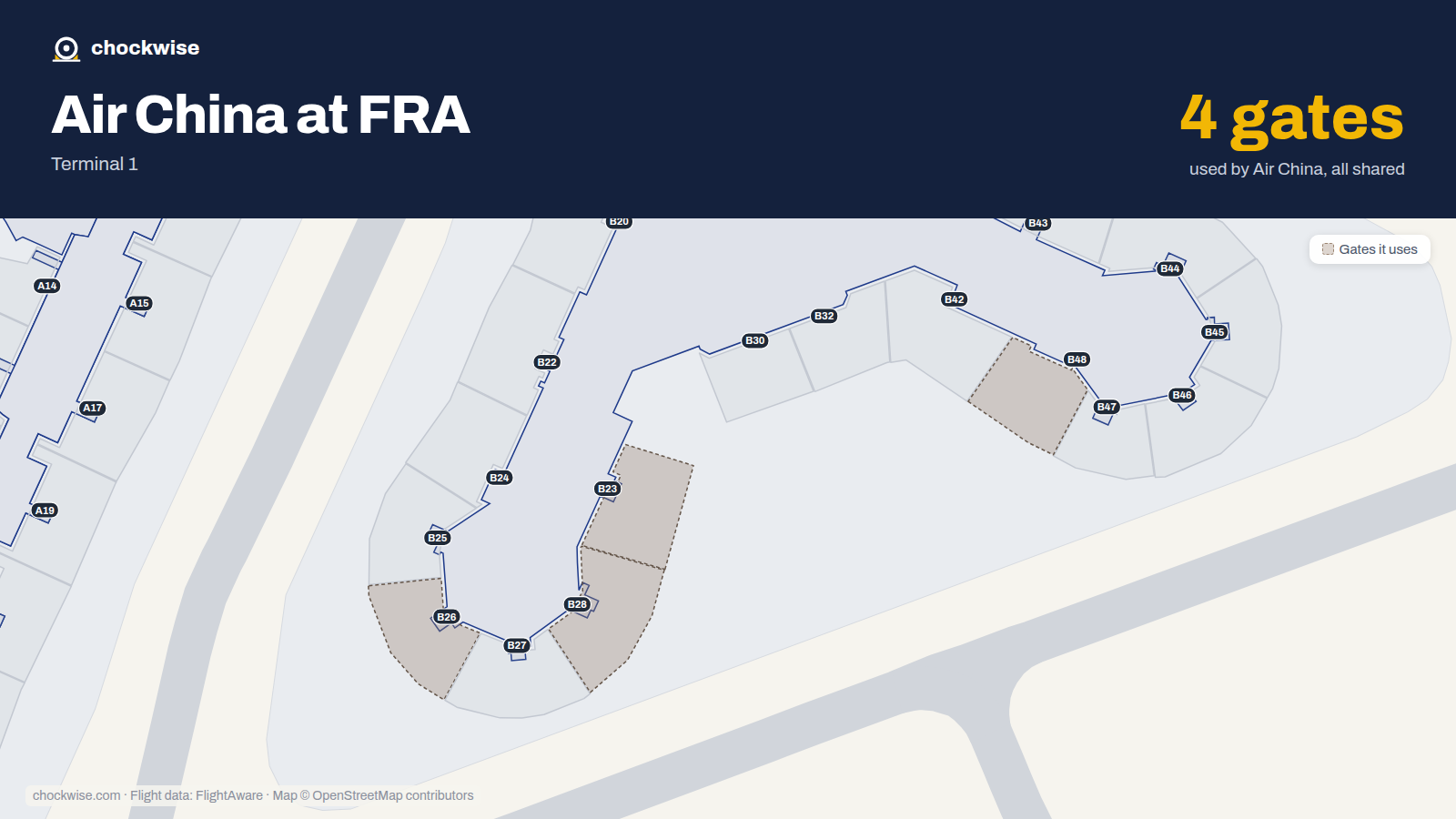 Map of FRA with the gates Air China uses highlighted: B23, B26, B28 and B48.