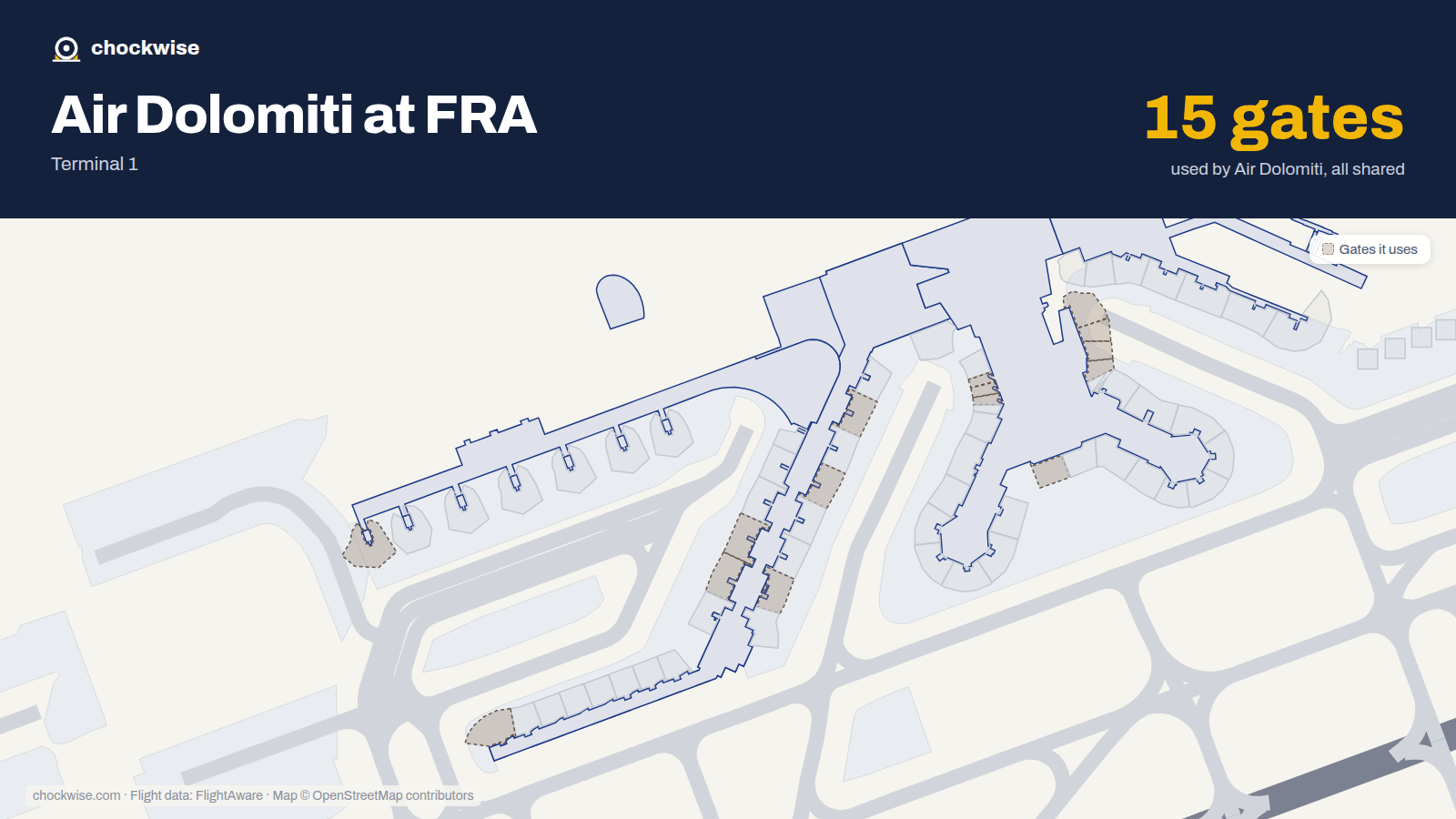 Map of FRA with the gates Air Dolomiti uses highlighted: B1, B11, B12, A13, B13, B14, B15, B16 and 7 more.