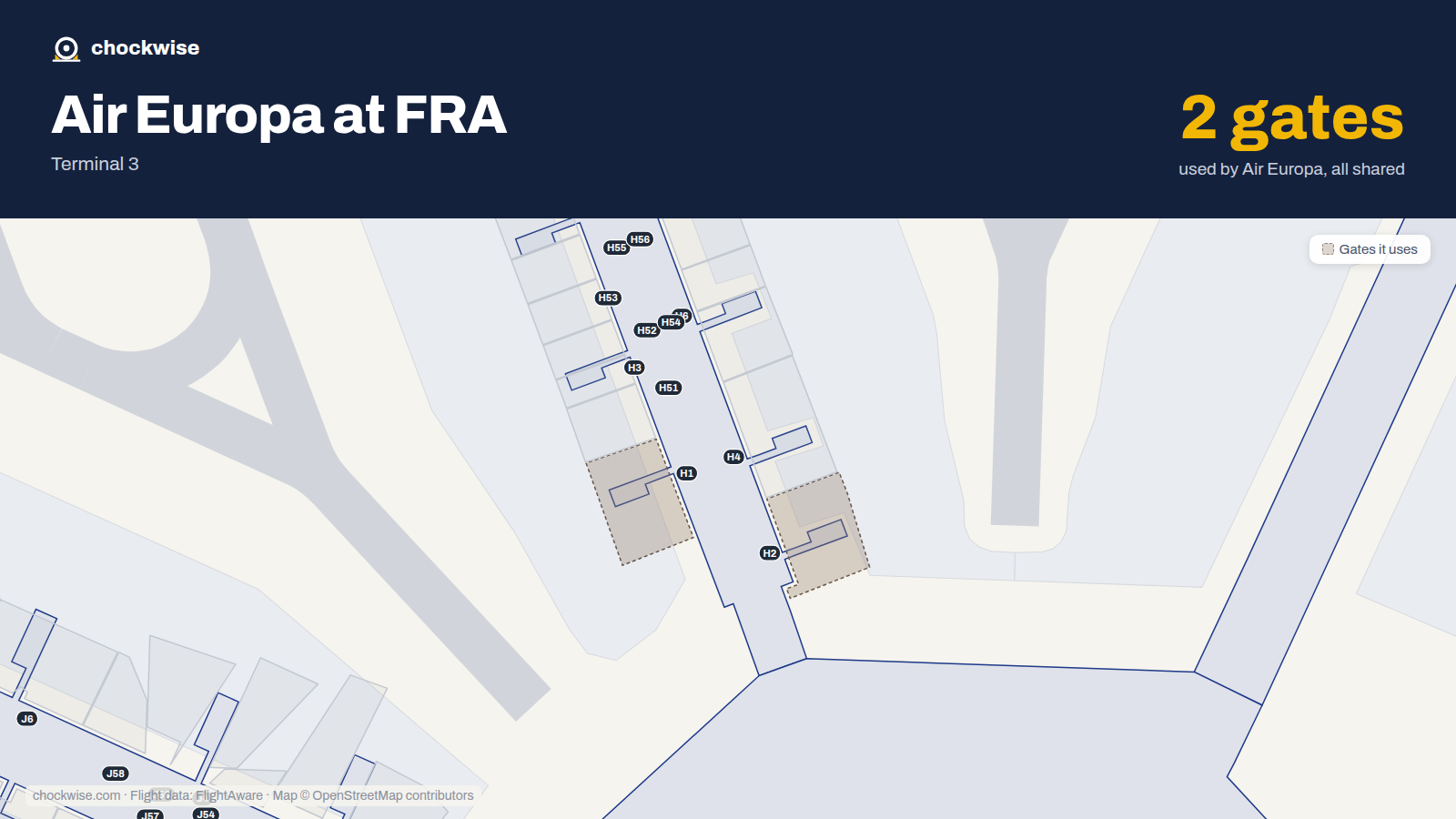 Map of FRA with the gates Air Europa uses highlighted: H1 and H2.