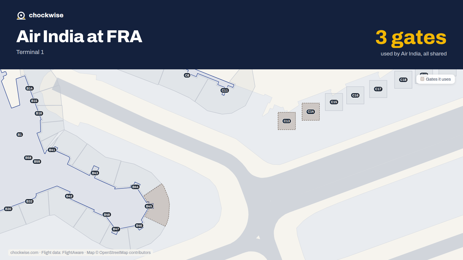 Map of FRA with the gates Air India uses highlighted: C13, C14 and B45.
