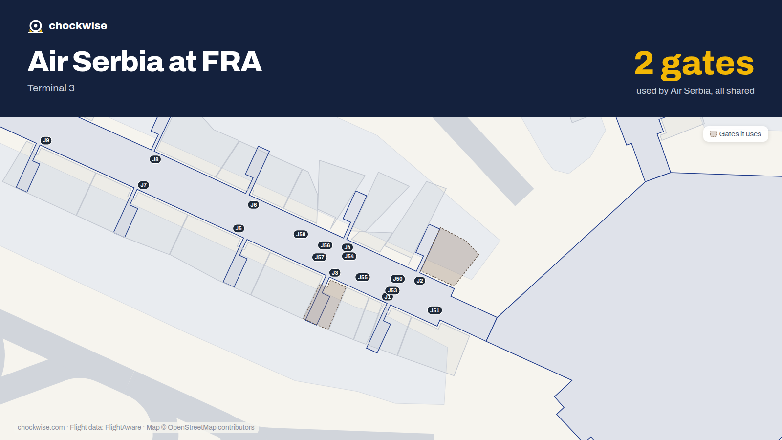 Map of FRA with the gates Air Serbia uses highlighted: J2 and J3.