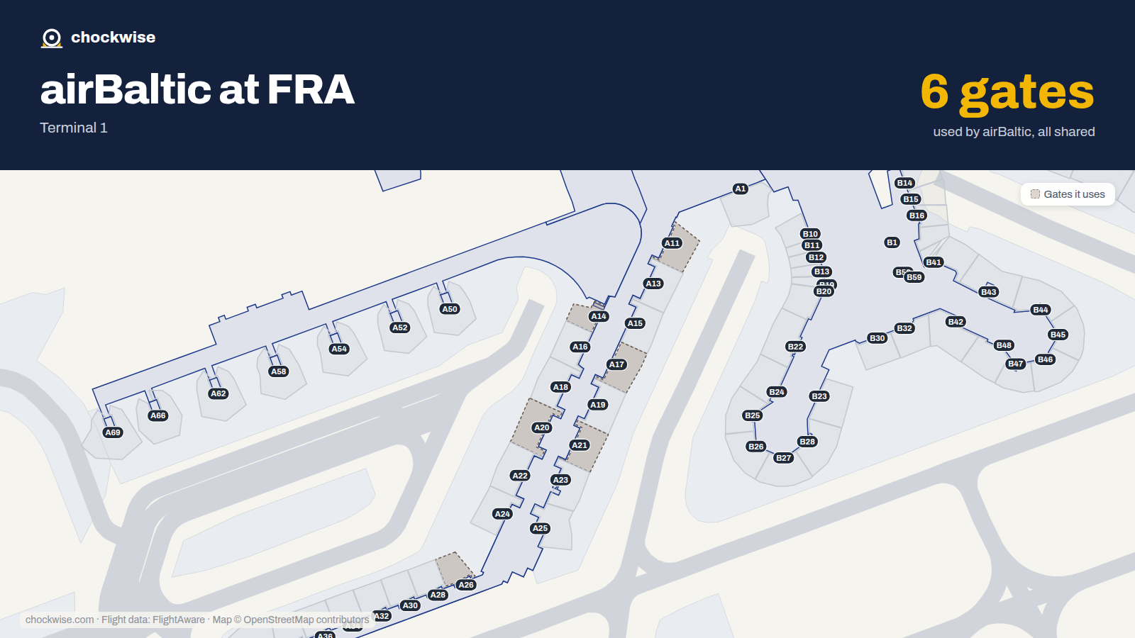 Map of FRA with the gates airBaltic uses highlighted: A11, A14, A17, A20, A21 and A26.