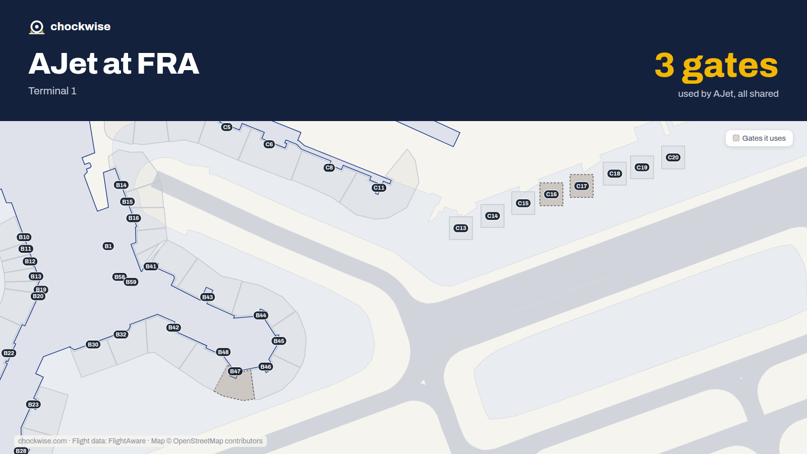 Map of FRA with the gates AJet uses highlighted: C16, C17 and B47.