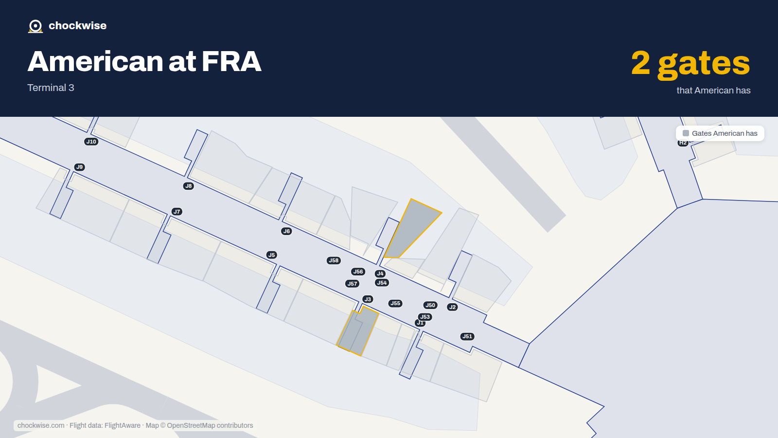 Map of FRA with the gates American Airlines uses highlighted: J3 and J4.