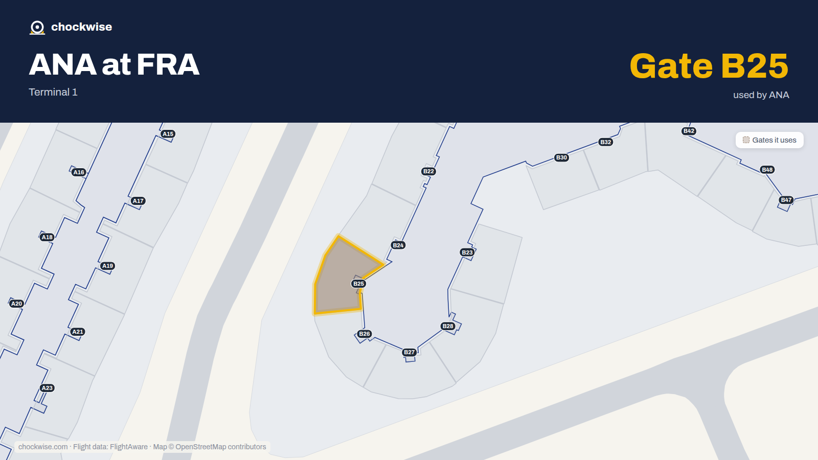 Map of FRA with the gates All Nippon Airways (ANA) uses highlighted: B25.