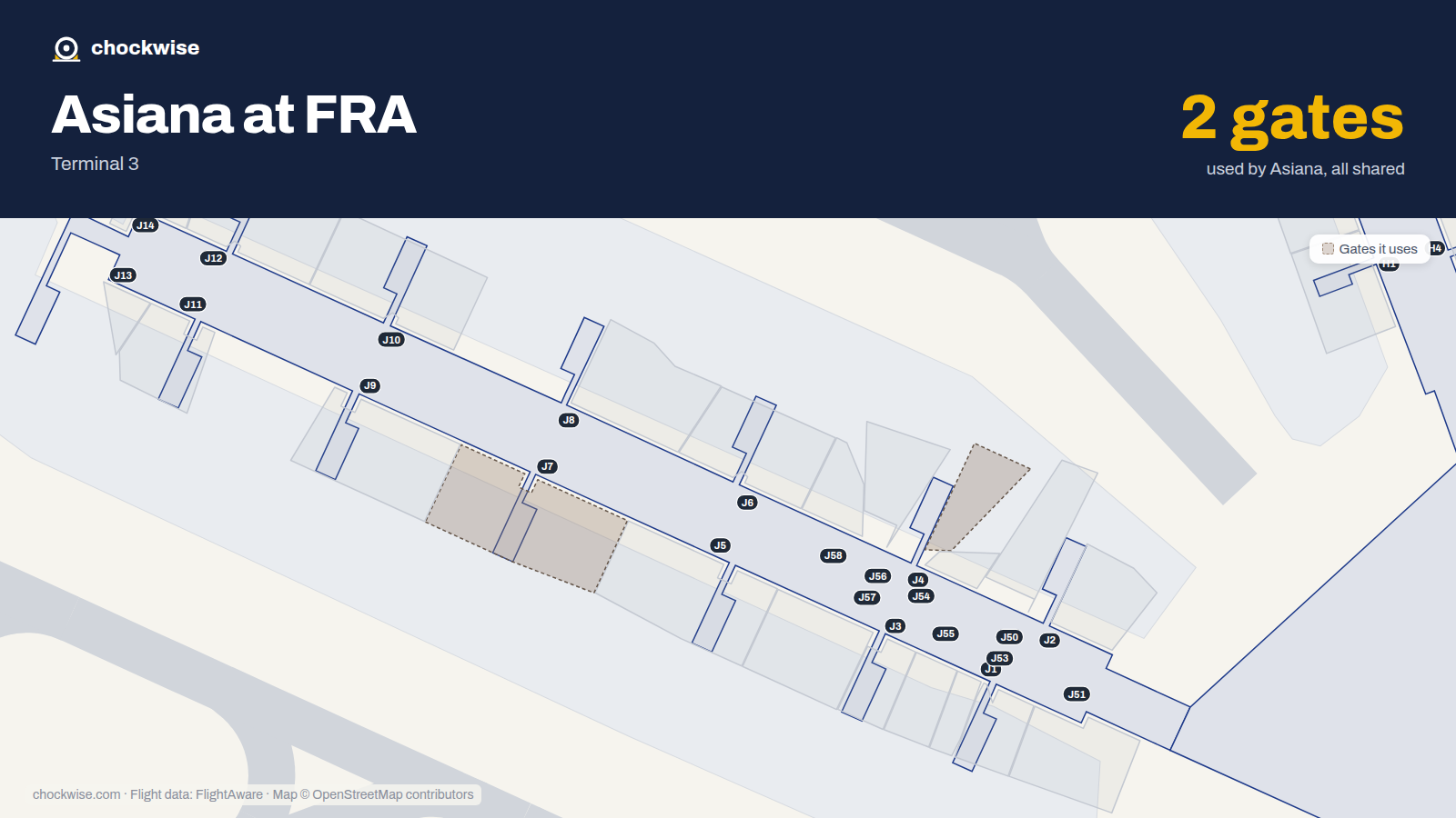 Map of FRA with the gates Asiana Airlines uses highlighted: J4 and J7.