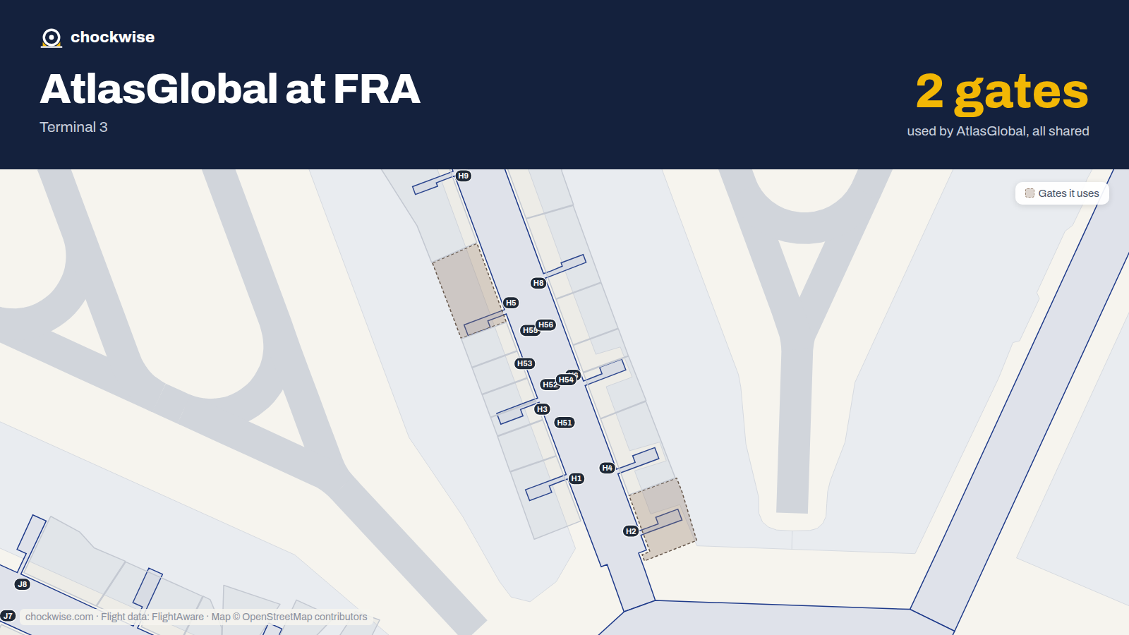 Map of FRA with the gates AtlasGlobal uses highlighted: H2 and H5.