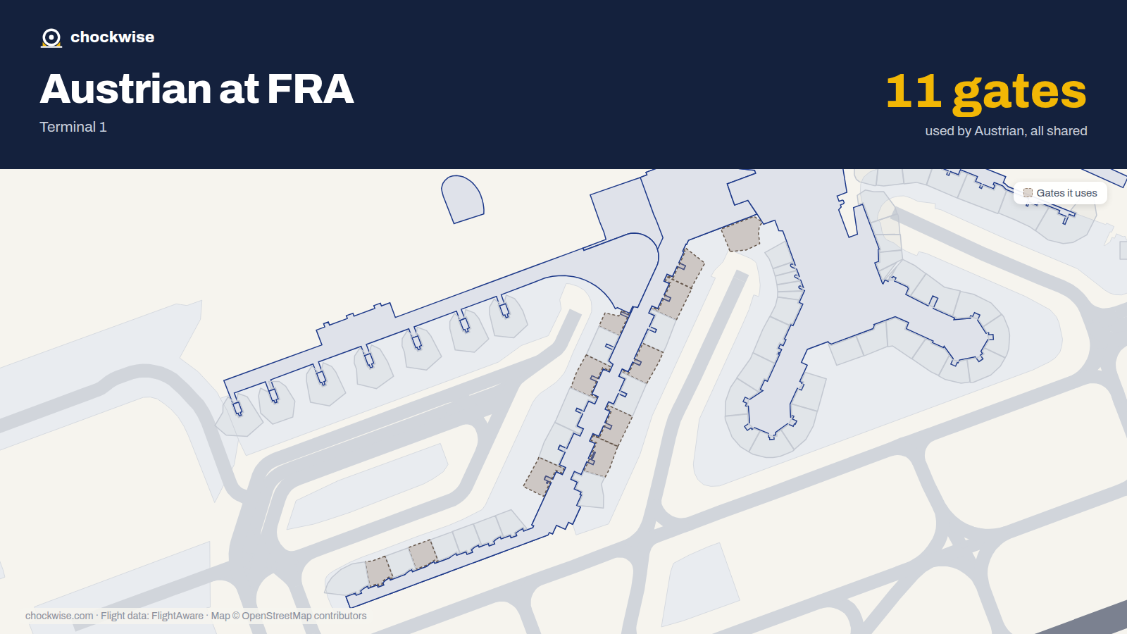 Map of FRA with the gates Austrian Airlines uses highlighted: A1, A11, A13, A14, A17, A18, A21, A23 and 3 more.