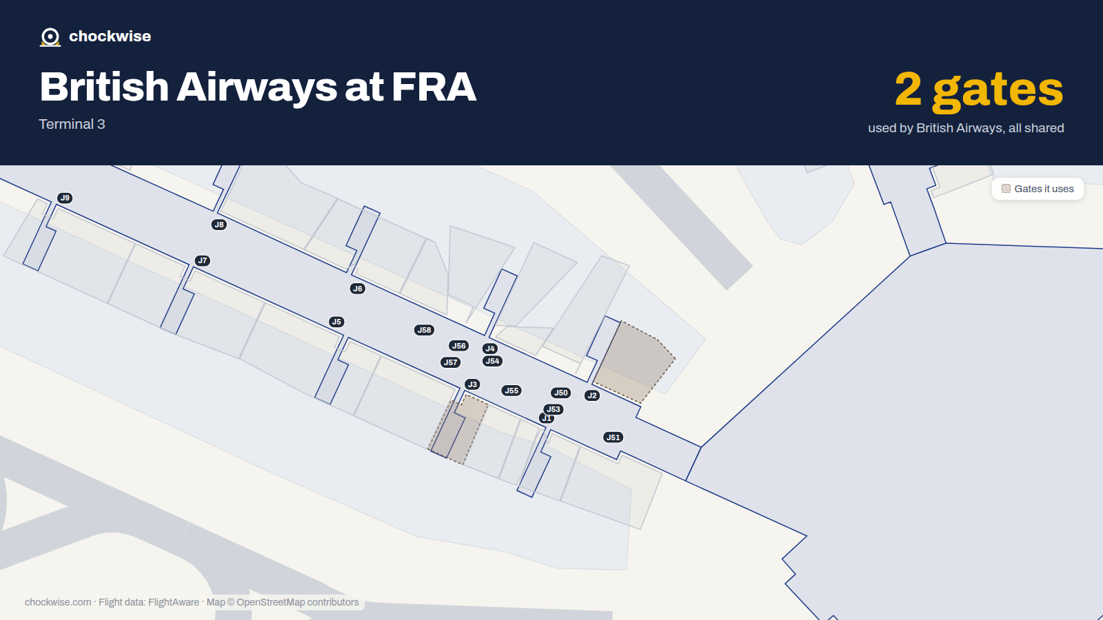 Map of FRA with the gates British Airways uses highlighted: J2 and J3.