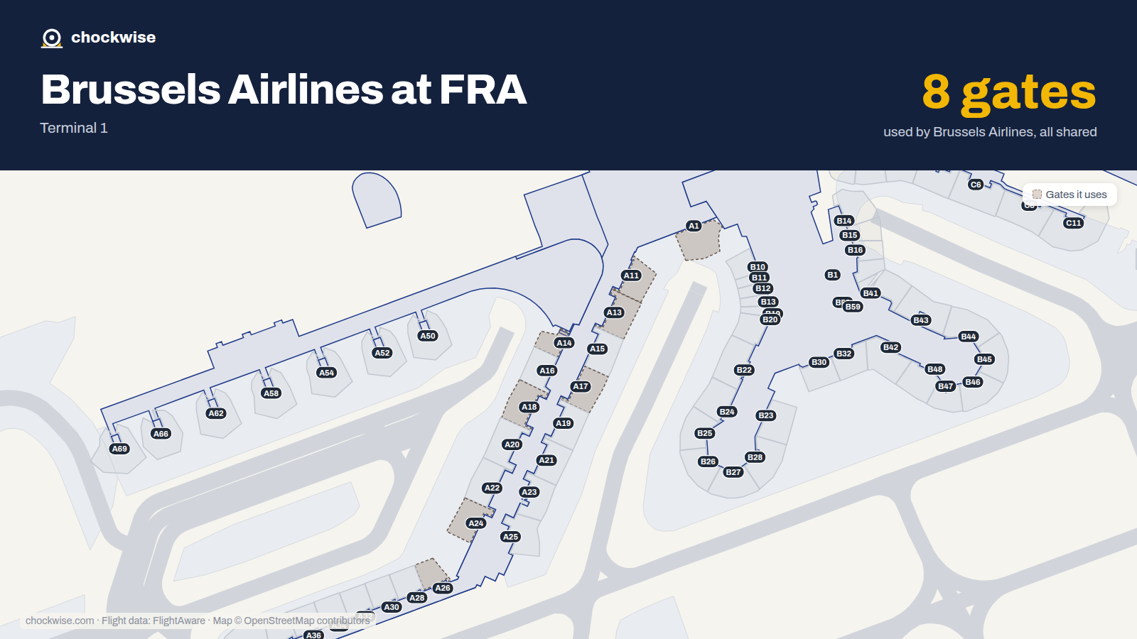 Map of FRA with the gates Brussels Airlines uses highlighted: A1, A11, A13, A14, A17, A18, A24 and A26.