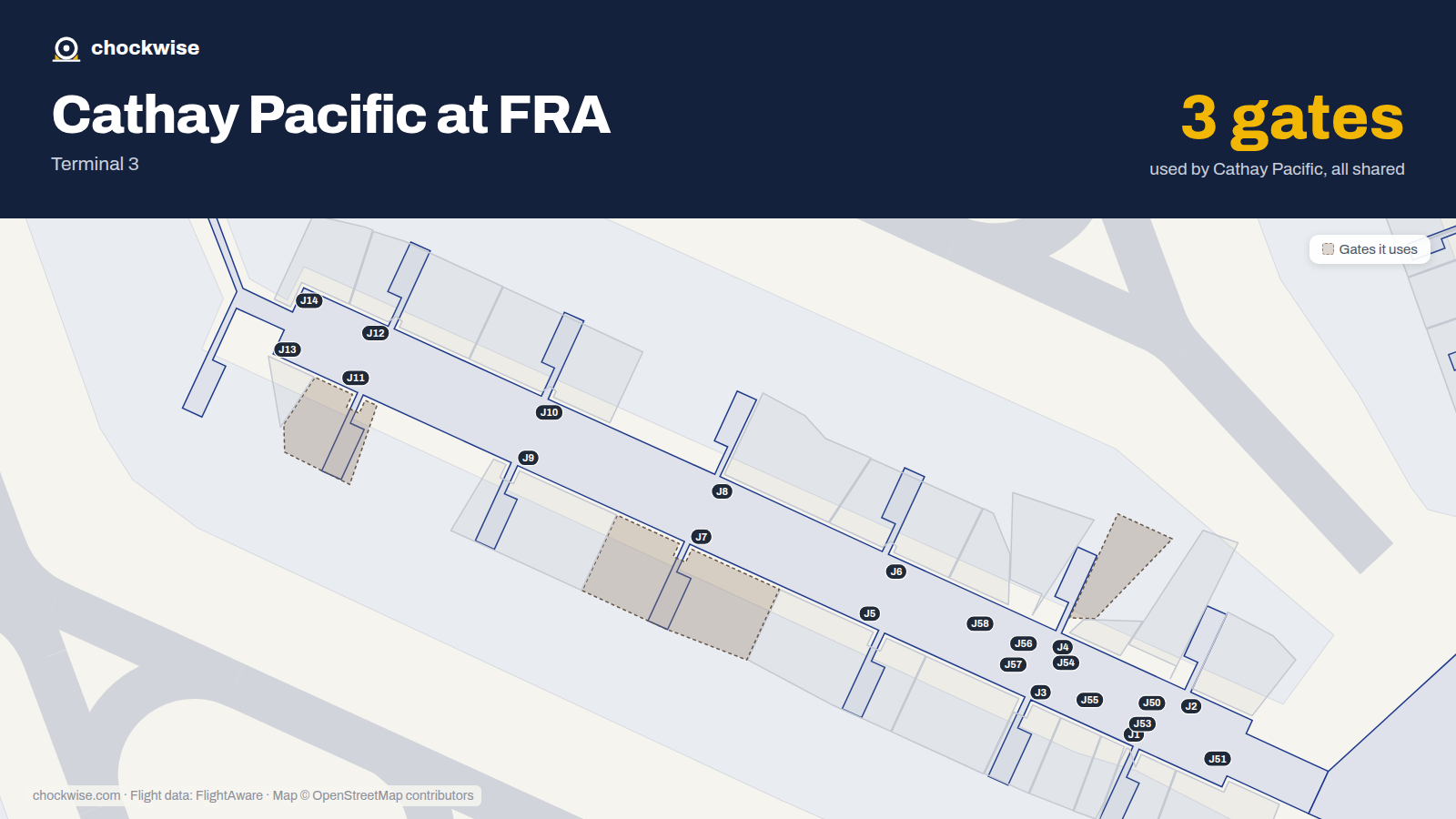 Map of FRA with the gates Cathay Pacific uses highlighted: J4, J7 and J11.