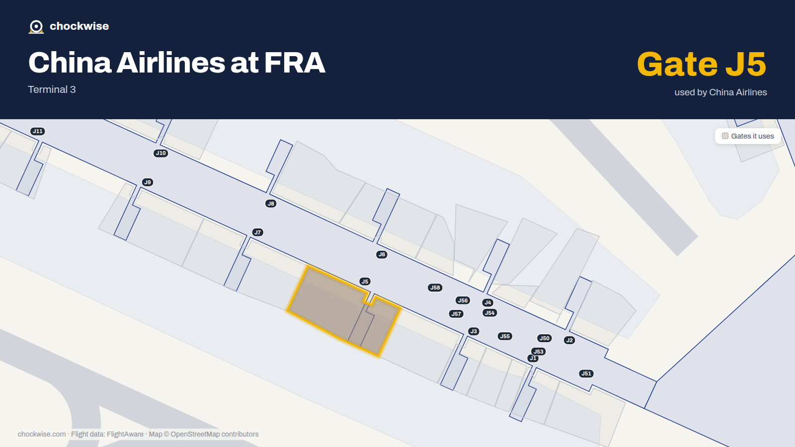 Map of FRA with the gates China Airlines uses highlighted: J5.