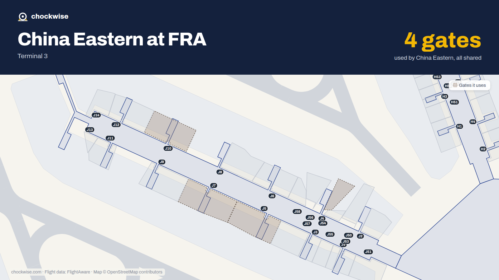 Map of FRA with the gates China Eastern uses highlighted: J4, J5, J7 and J10.
