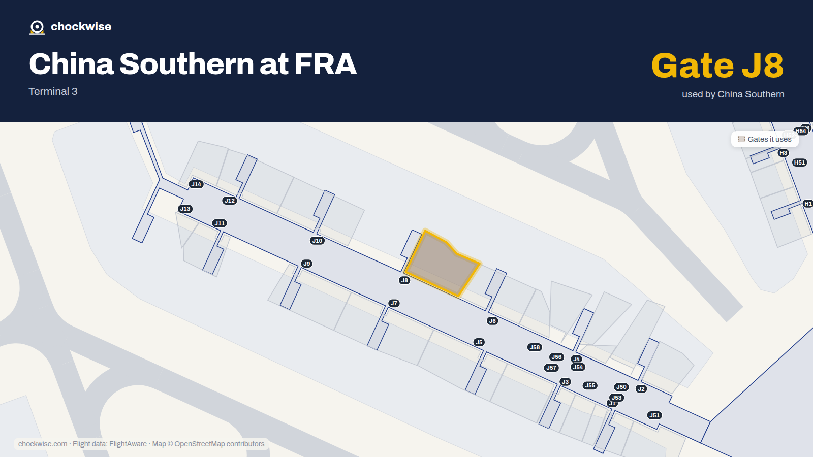 Map of FRA with the gates China Southern uses highlighted: J8.