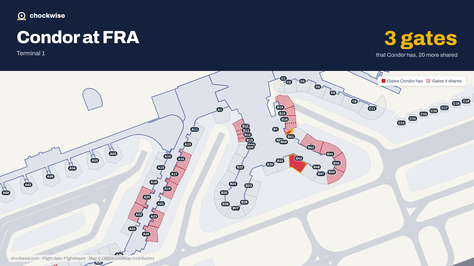 Map of FRA with the gates Condor uses highlighted: B42, B58 and B59.