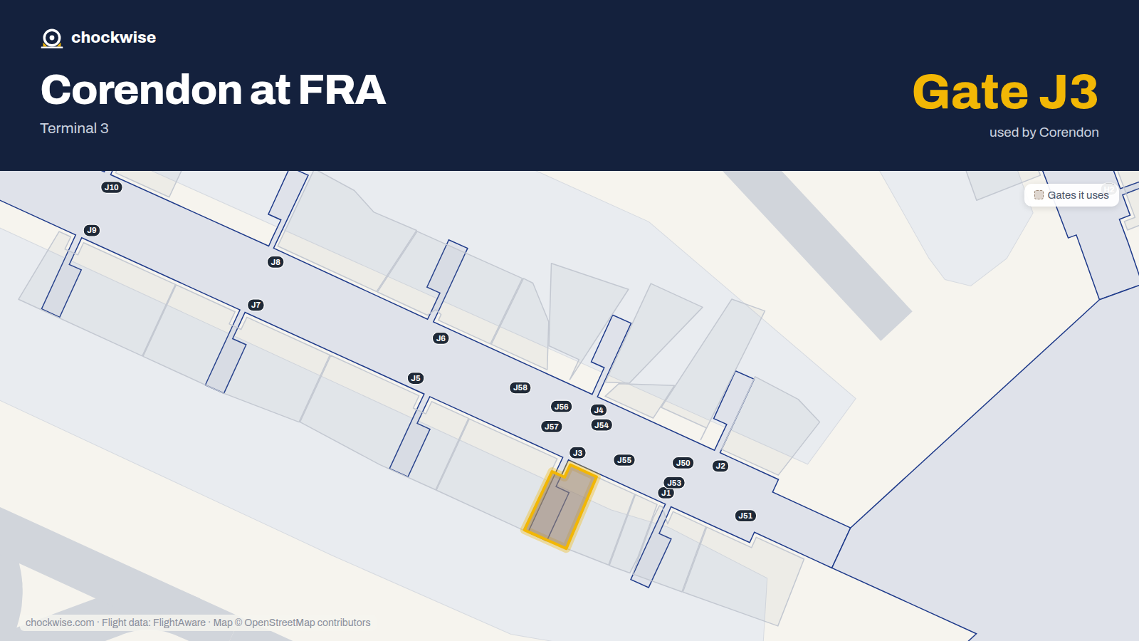 Map of FRA with the gates Corendon Airlines uses highlighted: J3.