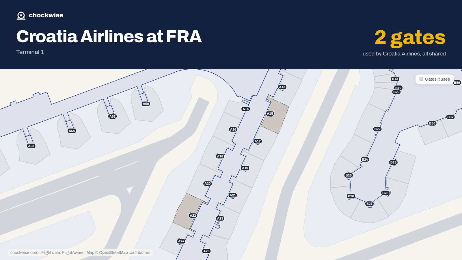 Map of FRA with the gates Croatia Airlines uses highlighted: A15 and A22.