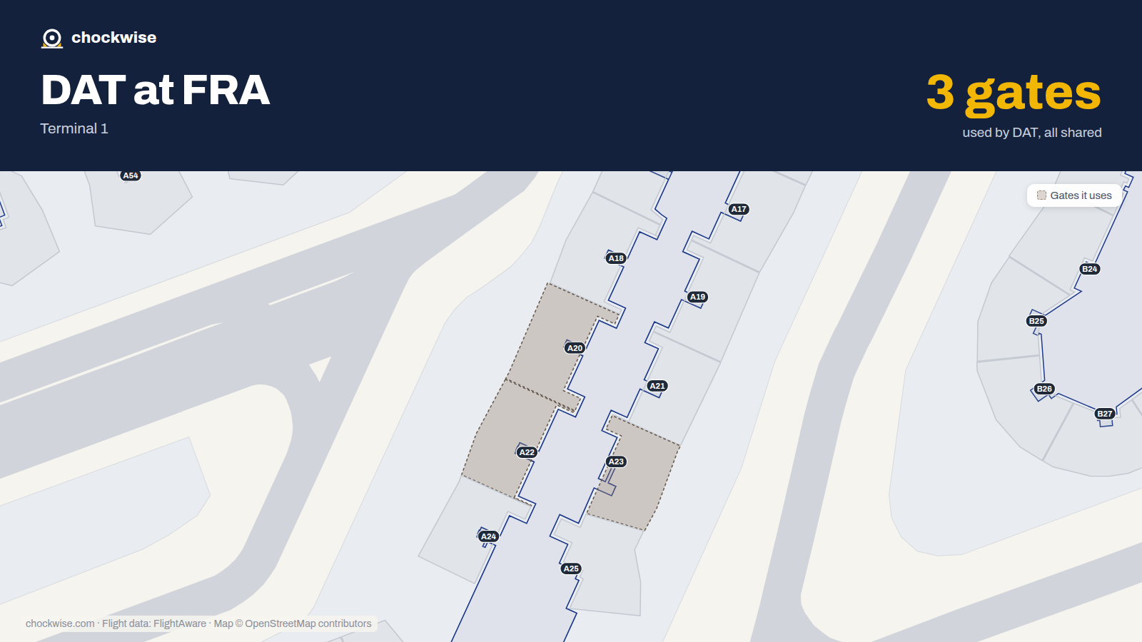 Map of FRA with the gates DAT (Danish Air Transport) uses highlighted: A20, A22 and A23.