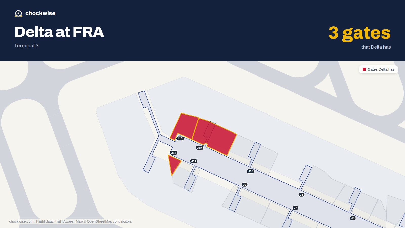 Map of FRA with the gates Delta Air Lines uses highlighted: J12, J13 and J14.