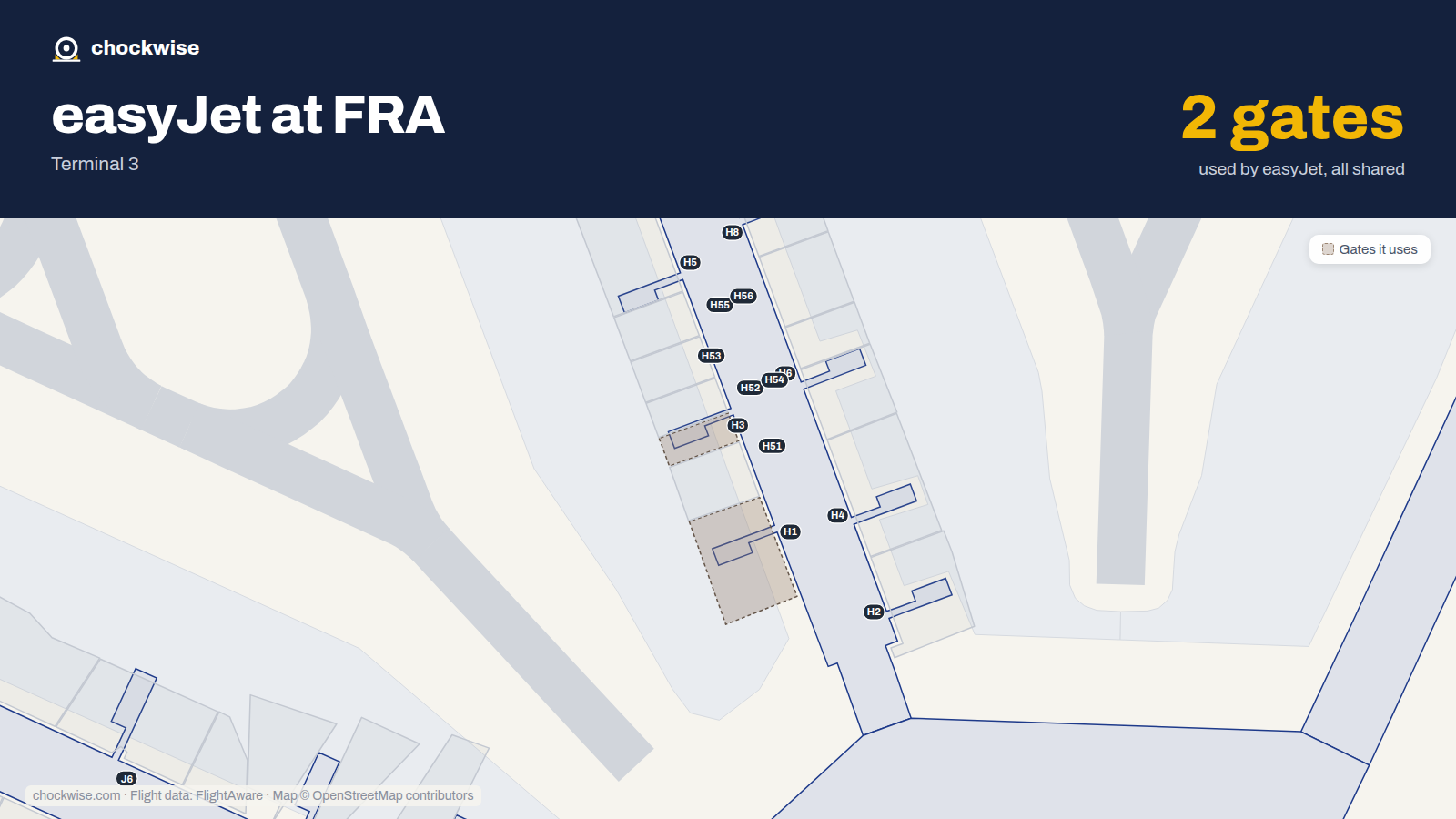 Map of FRA with the gates easyJet uses highlighted: H1 and H3.