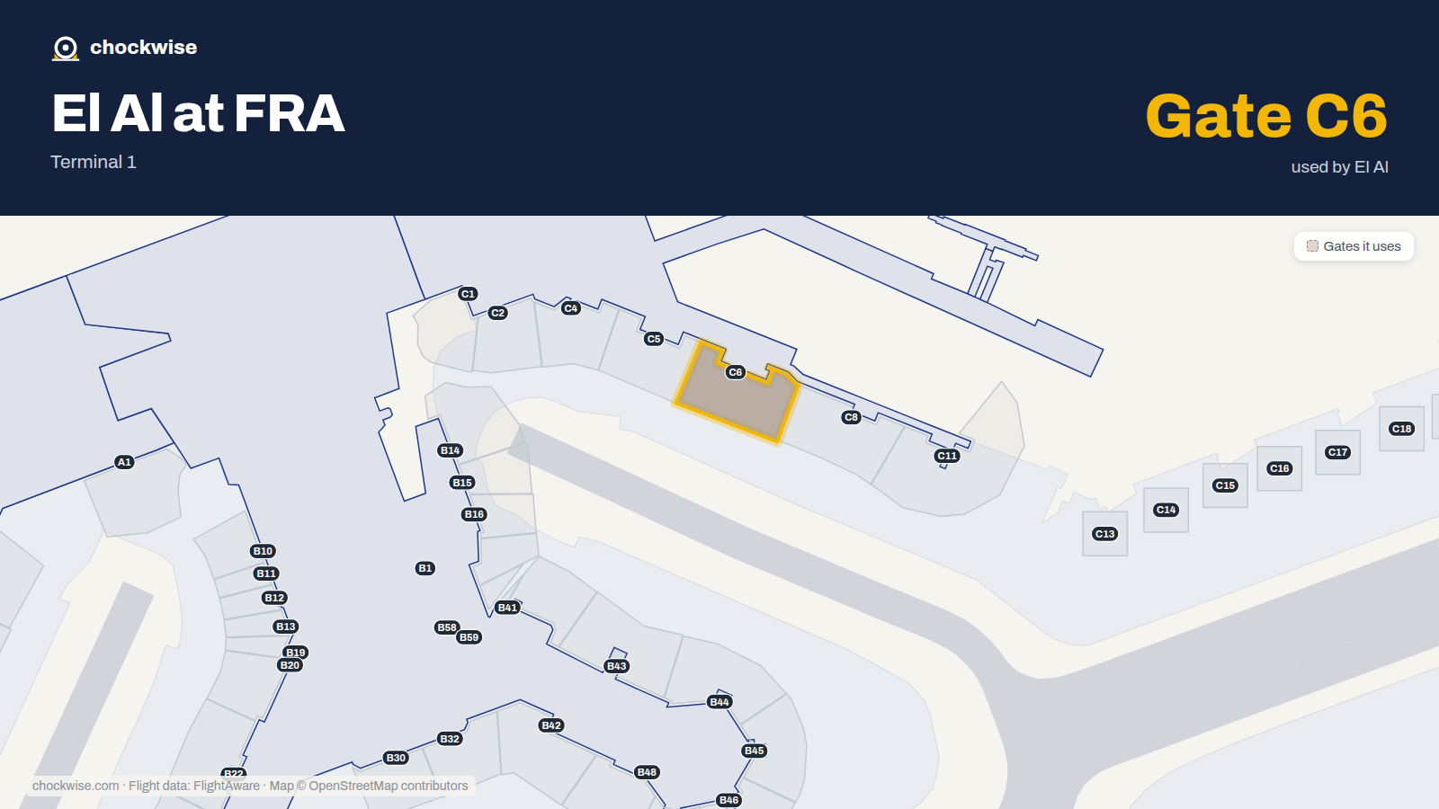 Map of FRA with the gates El Al uses highlighted: C6.