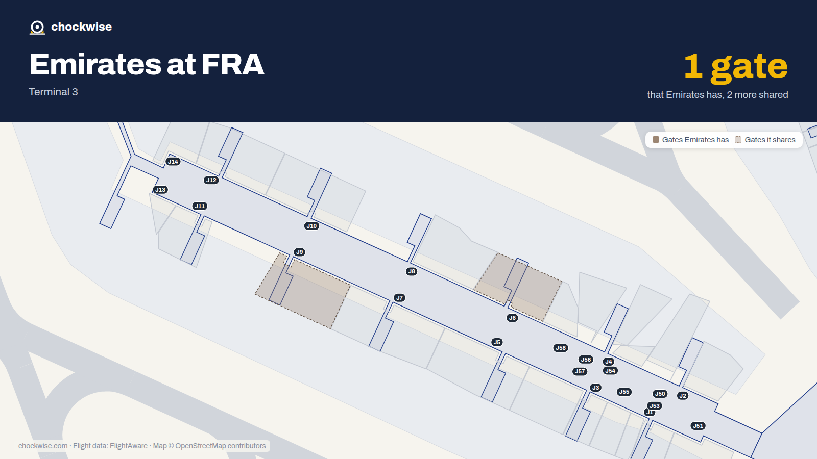 Map of FRA with the gates Emirates uses highlighted: J6 and J9.