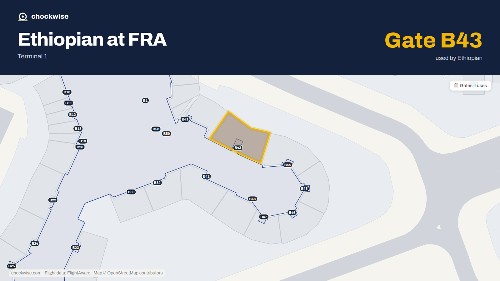 Map of FRA with the gates Ethiopian Airlines uses highlighted: B43.