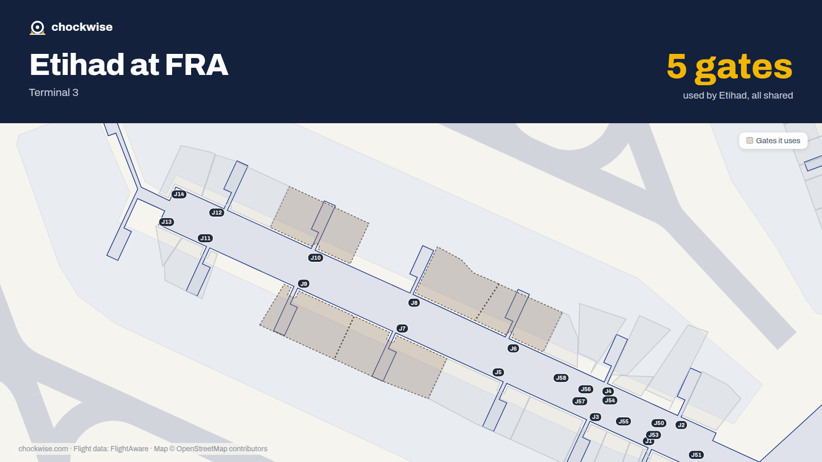 Map of FRA with the gates Etihad Airways uses highlighted: J6, J7, J8, J9 and J10.
