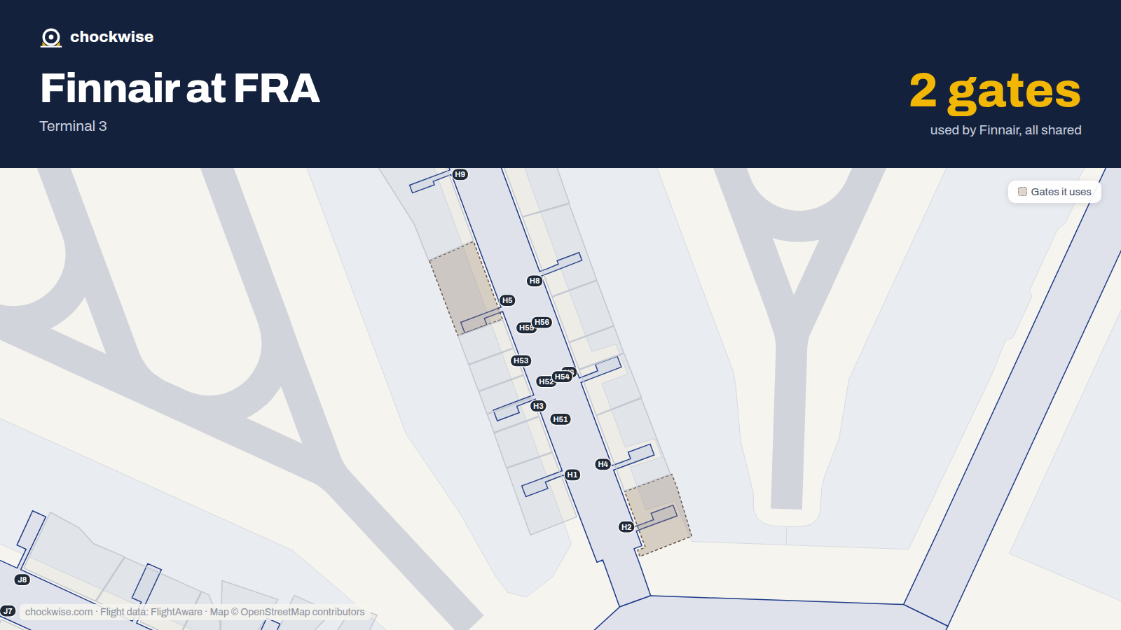 Map of FRA with the gates Finnair uses highlighted: H2 and H5.