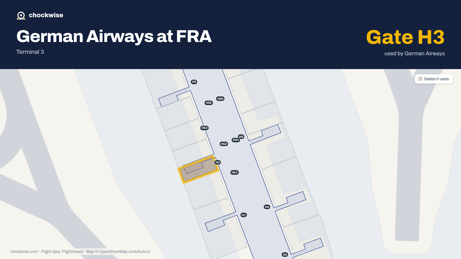 Map of FRA with the gates German Airways uses highlighted: H3.