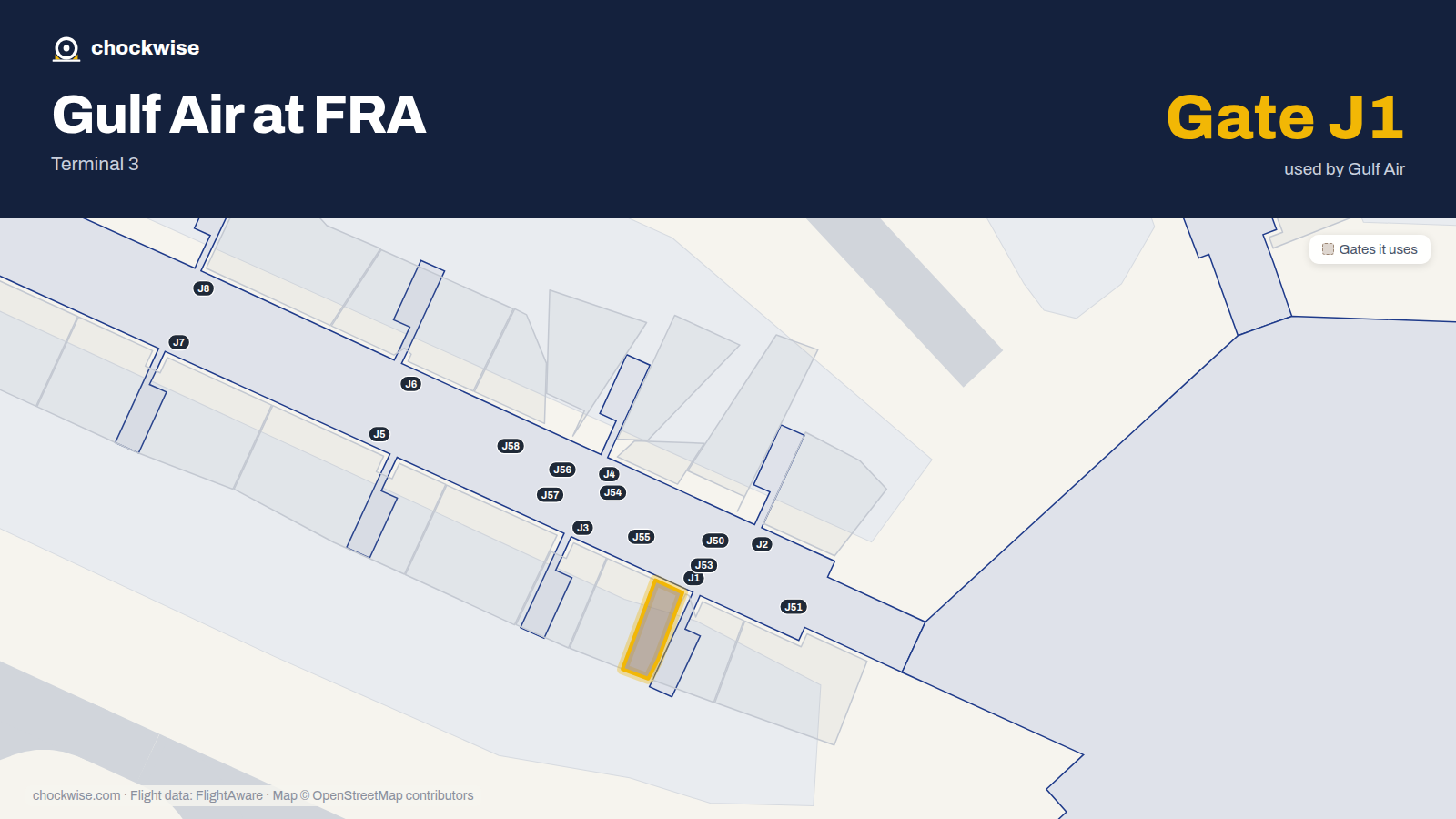 Map of FRA with the gates Gulf Air uses highlighted: J1.